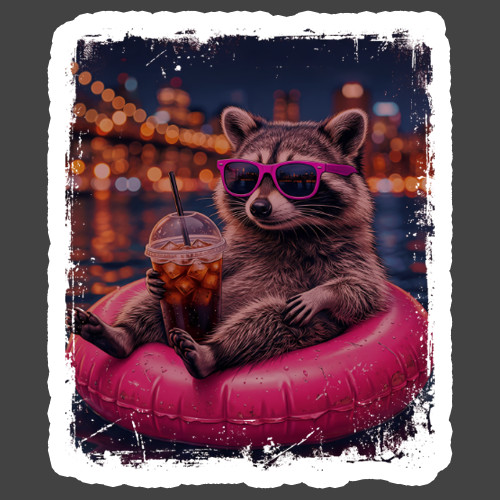 Raccoon Sticker Vinyl Decal Floating With Iced Coffee Night City Vibes