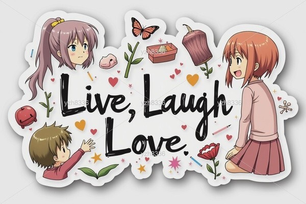 Live Laugh Love Sticker – Cute Anime Characters with Fun Doodles and Positive