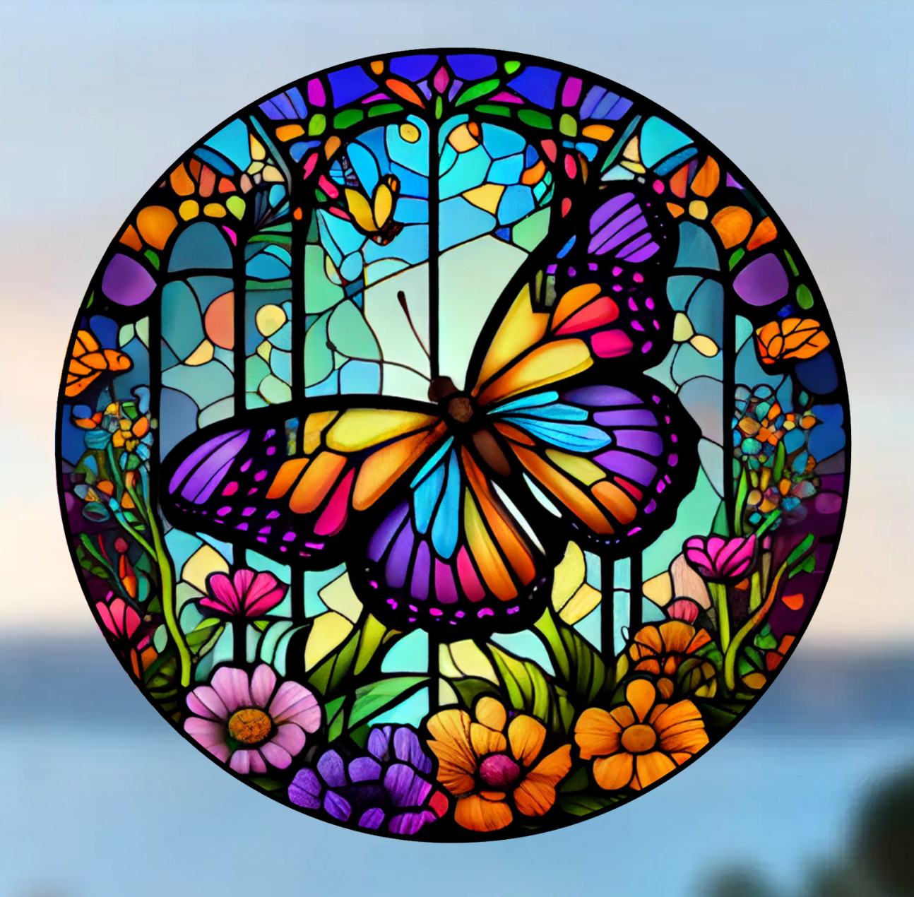 Butterfly Faux Stained-Glass WINDOW CLING Sun-catcher Size 8" Round Vinyl