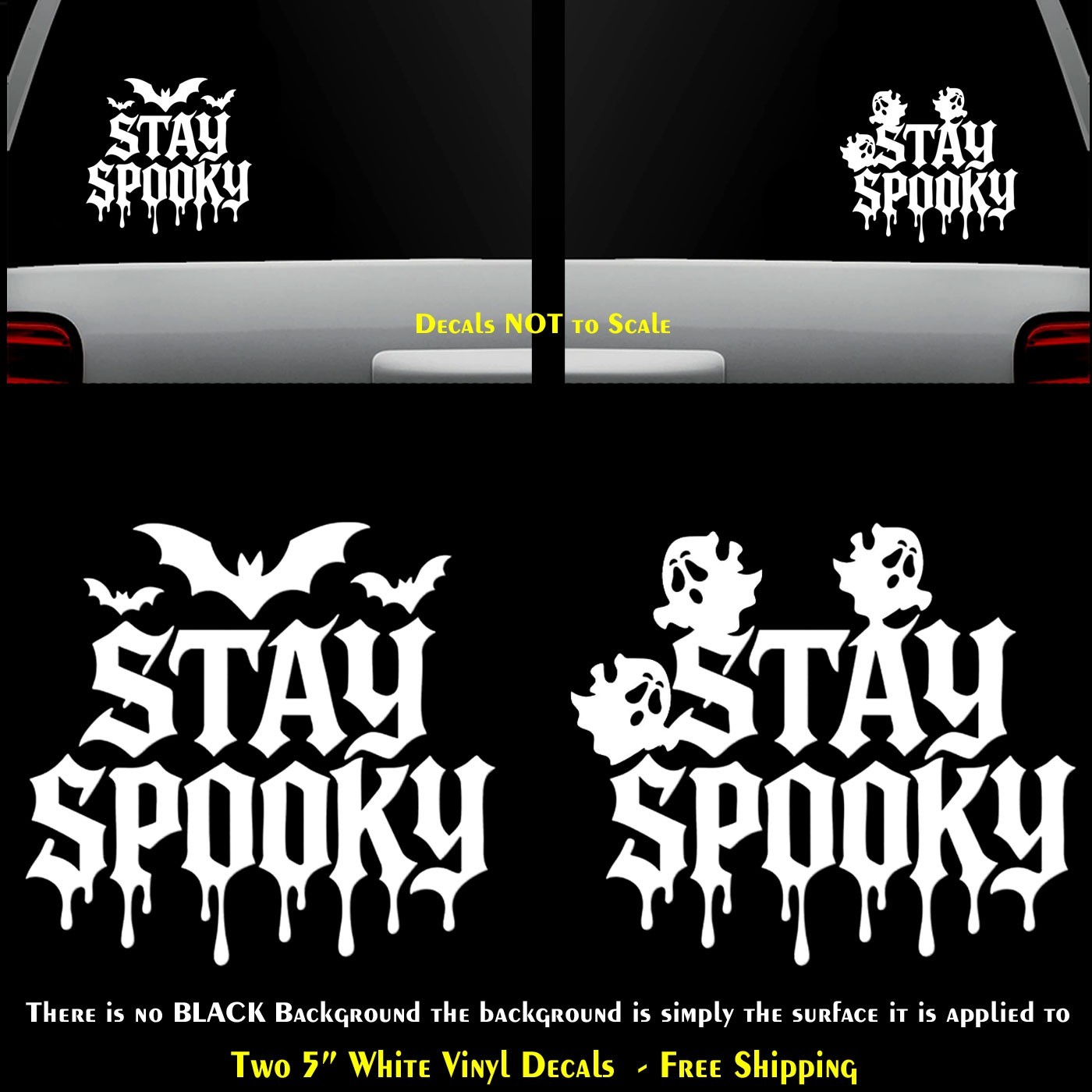 Stay Spooky Ghosts & Bats Two White Vinyl Decals Window Tumbler Any Flat Surface