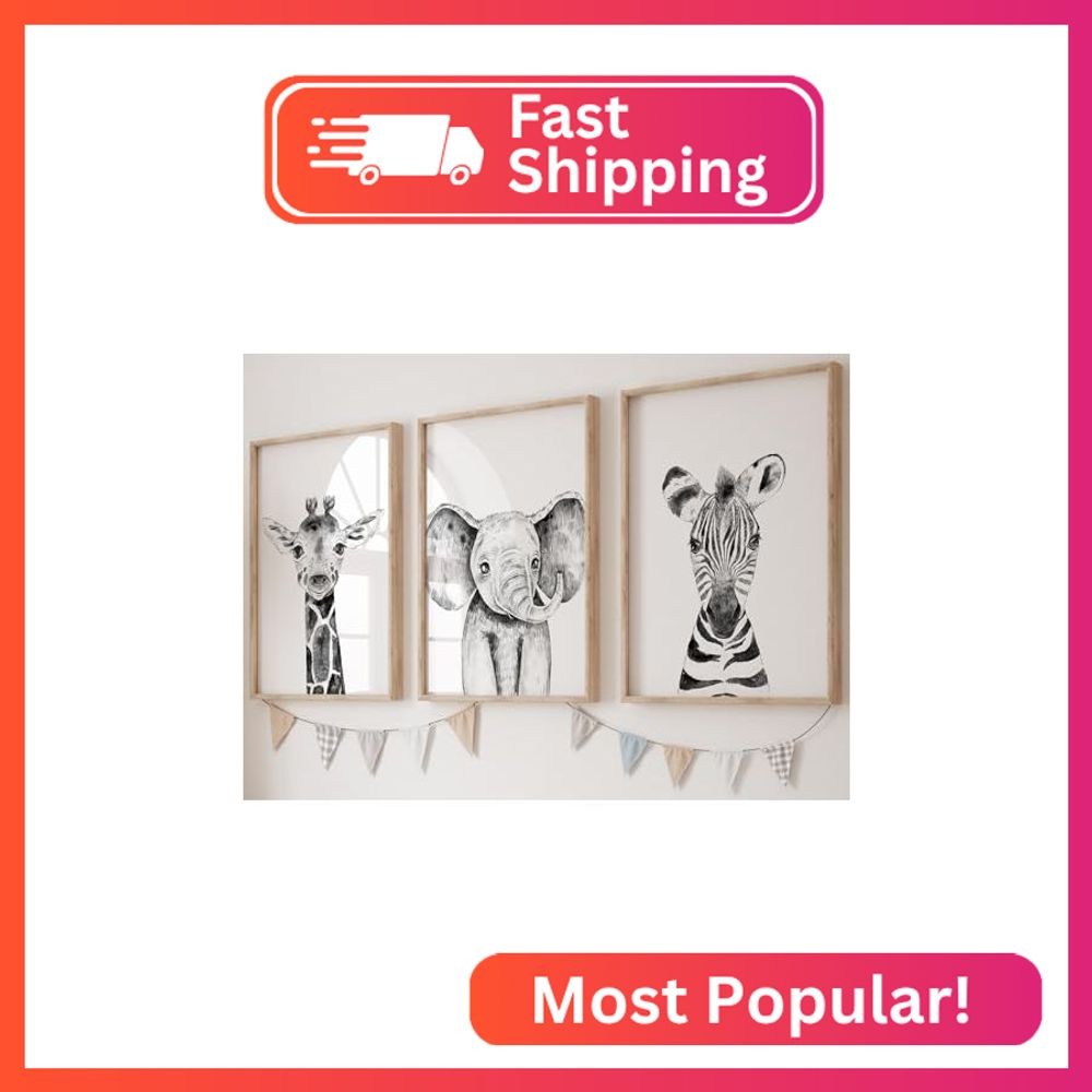 Safari Animals Baby Girl or Boy Set of 3 Nursery Unframed Prints, Bedroom Decor