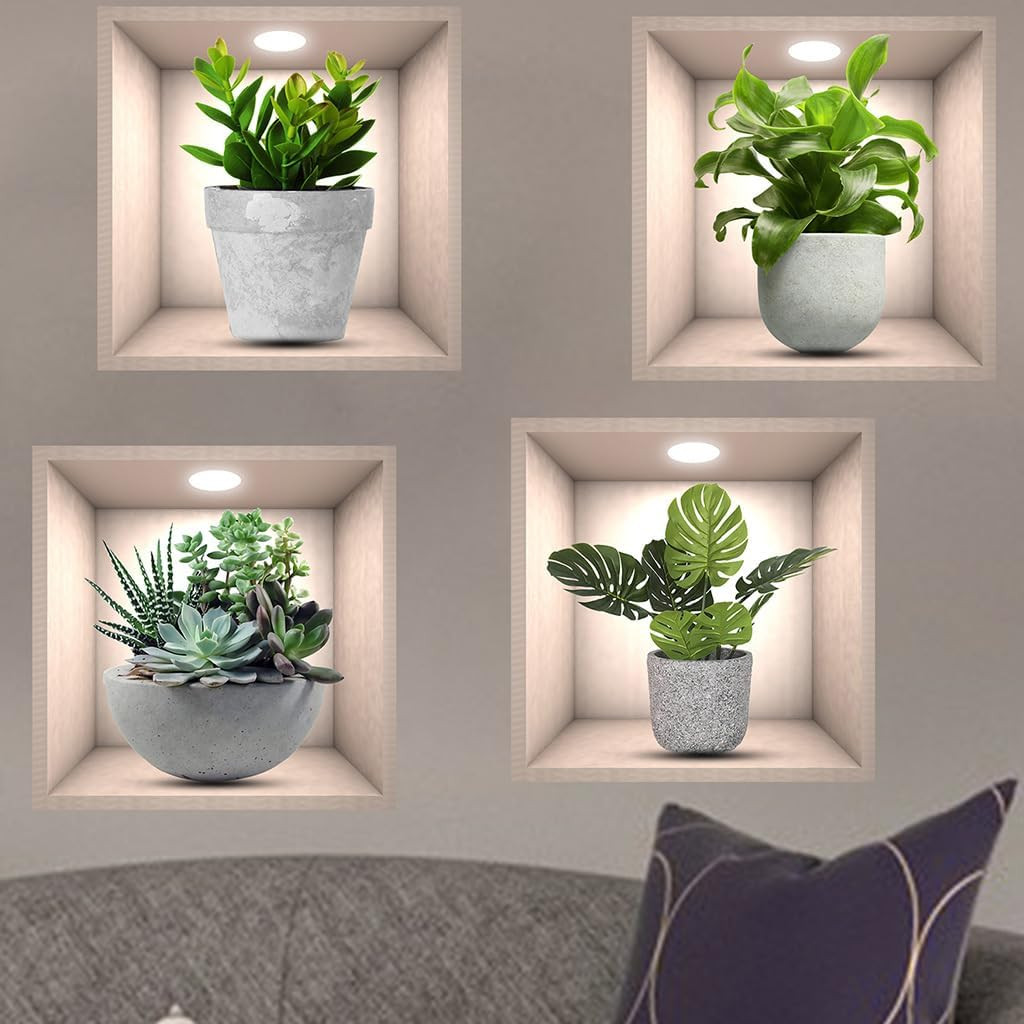 4 Pack 3D Green Plants Wall Stickers Botanical Plants Wall Decals for Bedroom Li