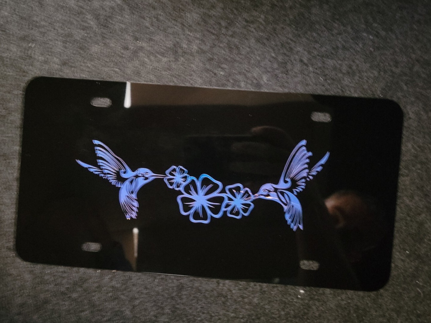 Hummingbirds / Plumeria Flowers Vinyl Decal On Black Car License Plate