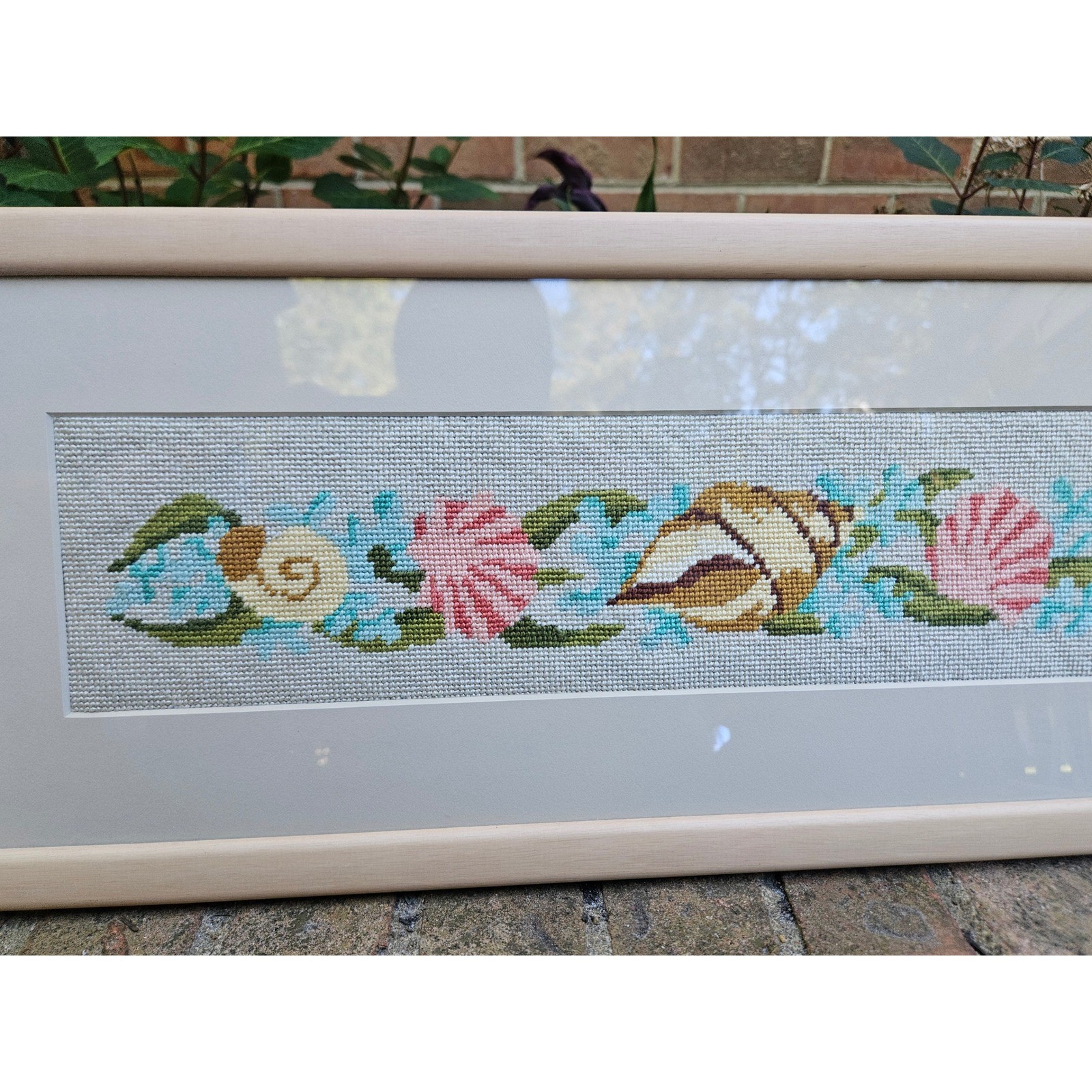 Vintage Matted & Framed Seashell Cross Stitch Art, 25" x 9.75" Ocean Beachhouse