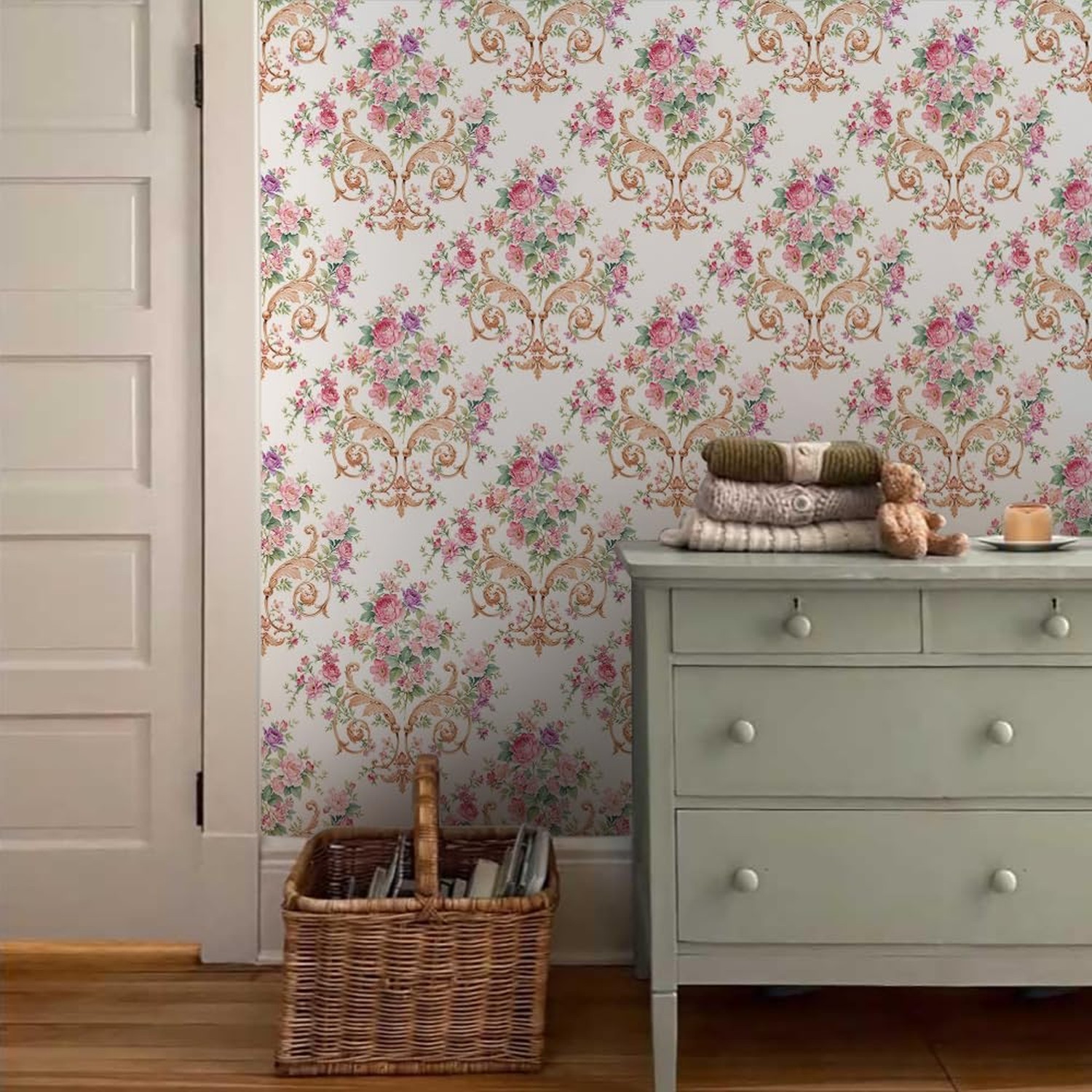 Vintage Pink Damask Flowers Pink Rose Floral Peel and Stick Wallpaper Wall De…