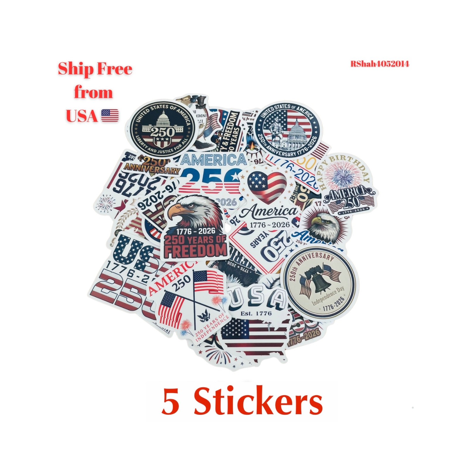 5 PCS – Random Glossy USA America 250th Anniversary Celebrate Stickers Cup Phone