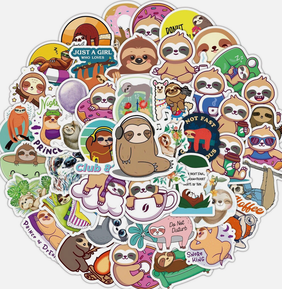 LOT OF 50 PCS CUTE SLOTH cartoon Characters Stickers coffee donut unicorn FUN