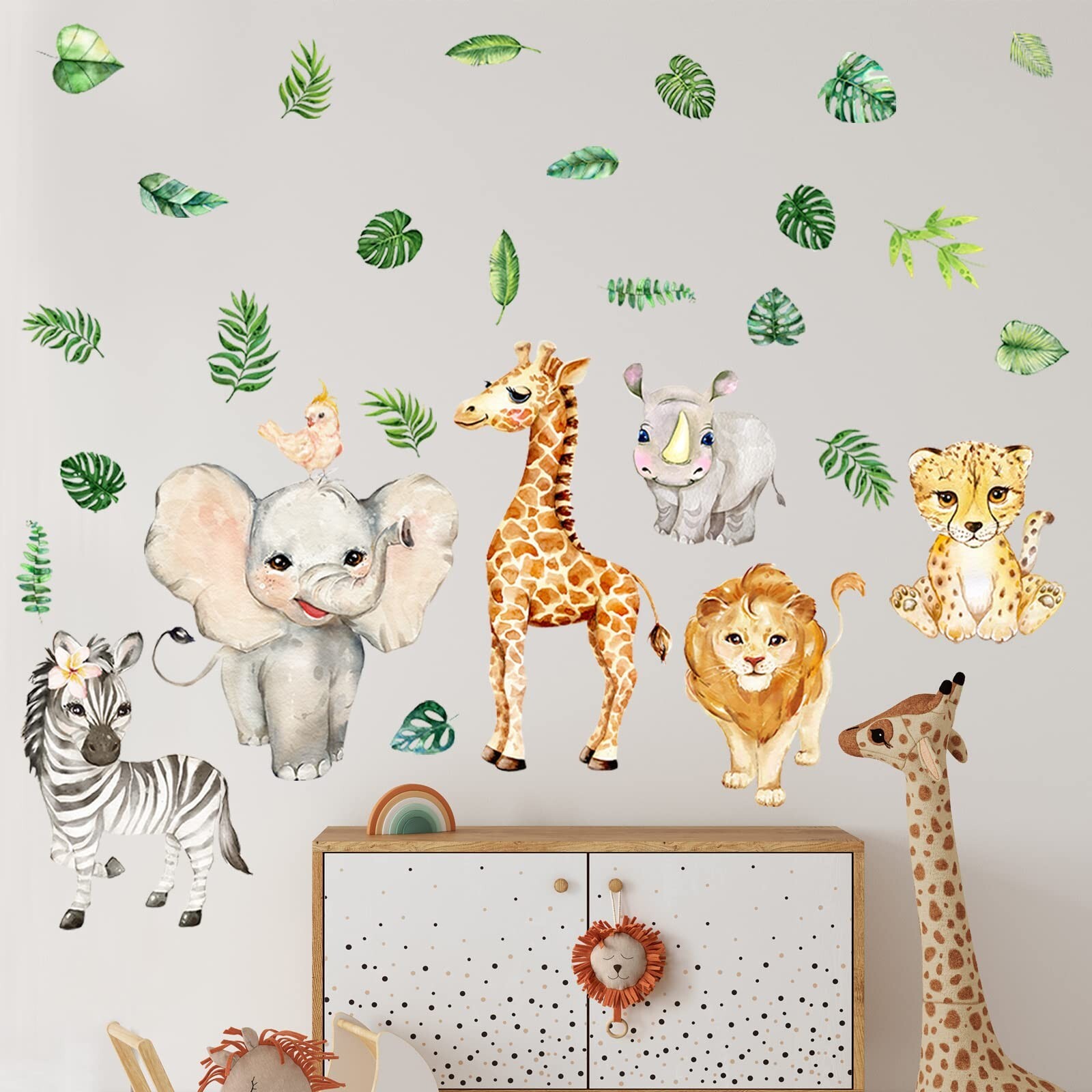 Colarr 2 Sheets Jungle Animals Sun Wall Decals Watercolor Safari Wall Sticker…
