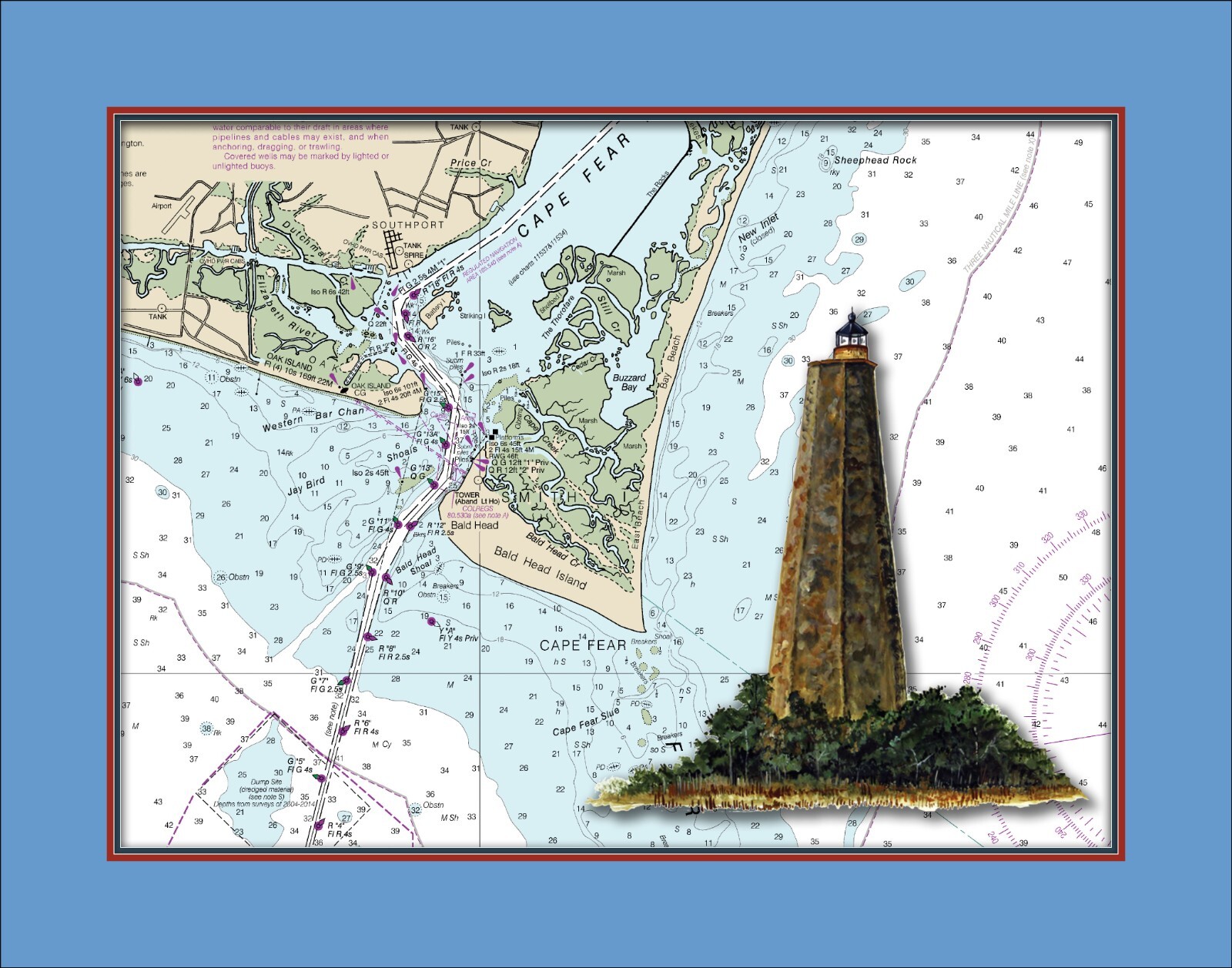 Bald Head Island Lighthouse and Nautical Chart High Quality Canvas Print