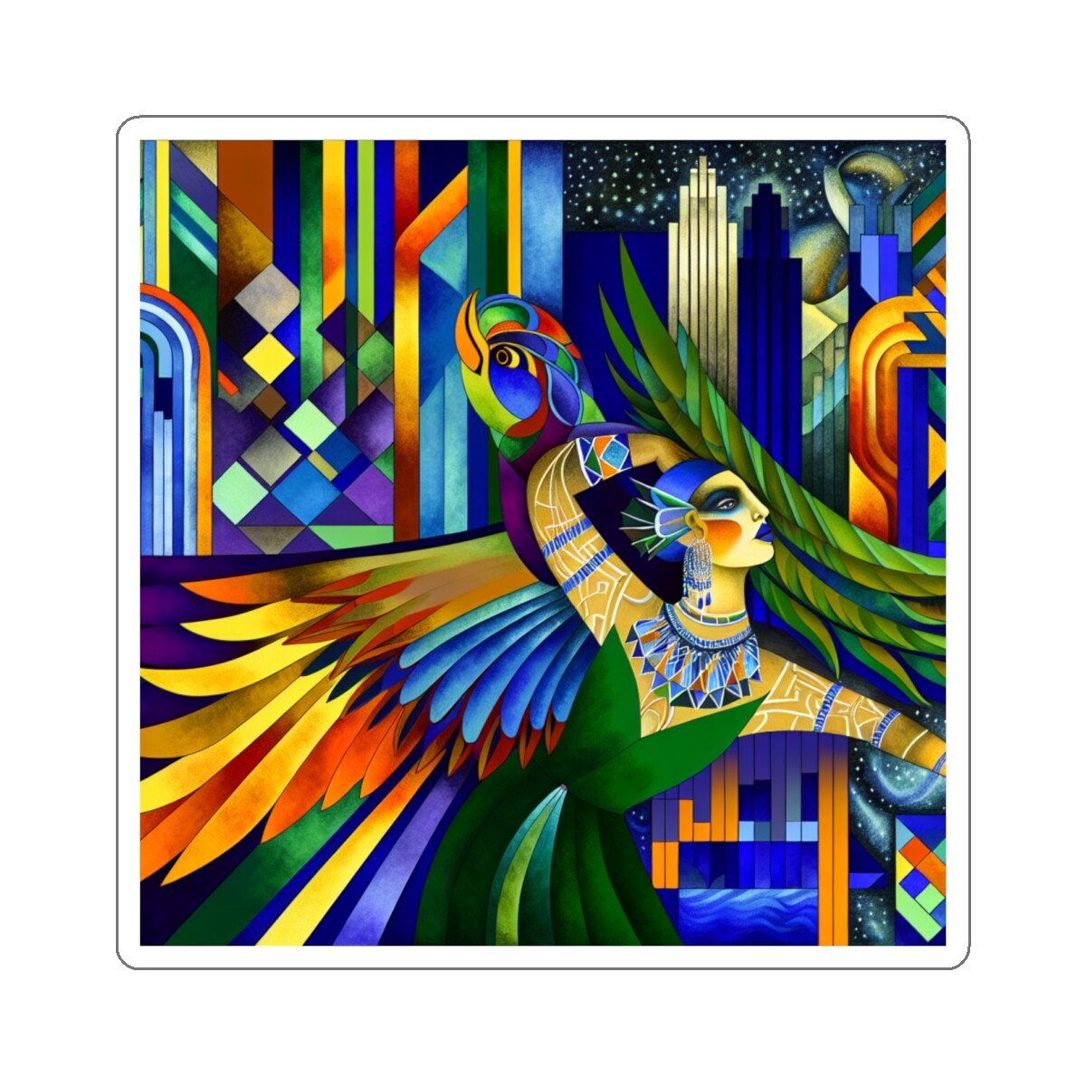 Sticker Vibrant Art Deco Woman-Bird Transformation Print 2×2" 3×3" 4×4" 6×6"