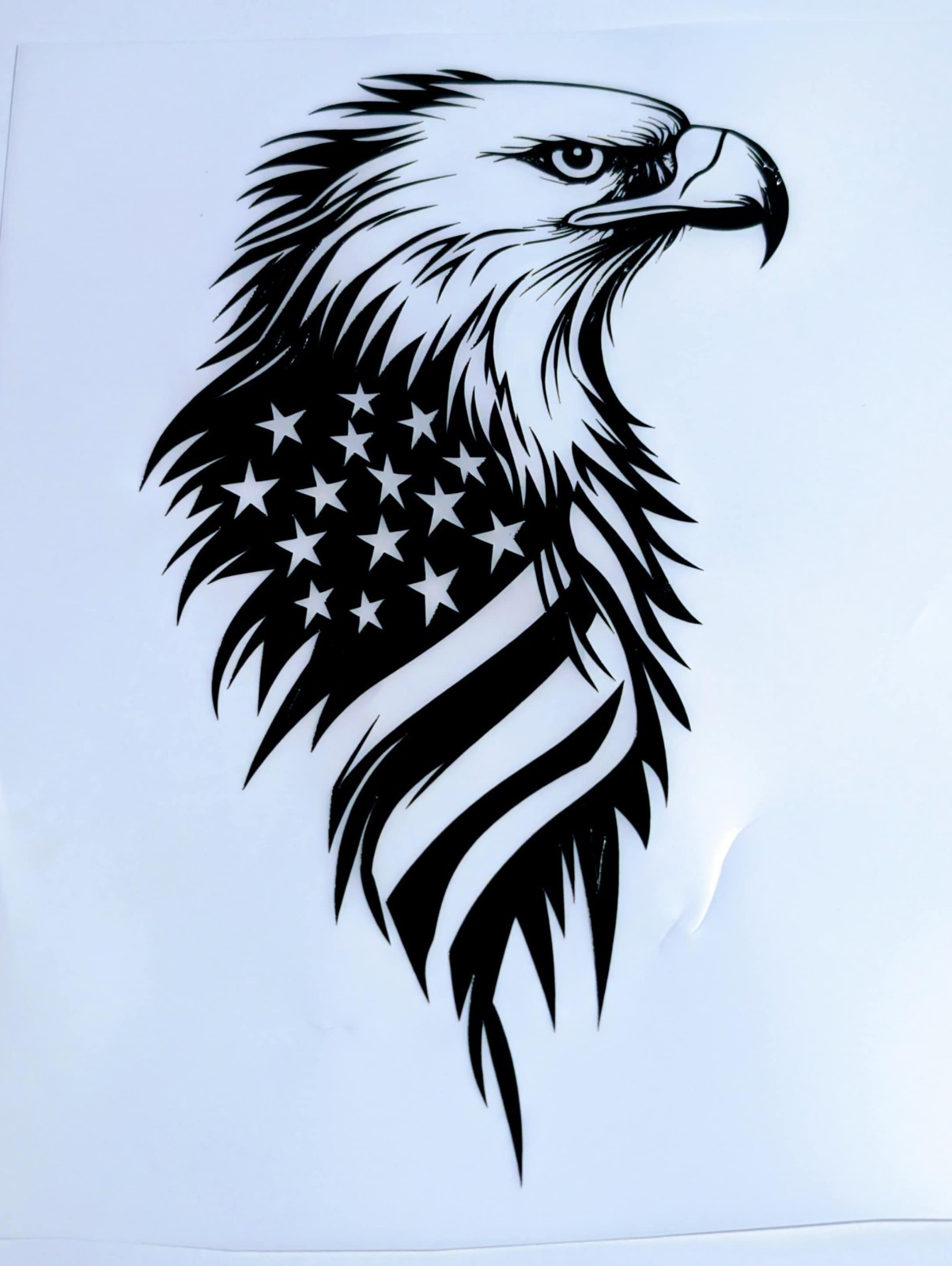 Patriotic Eagle USA flag vinyl decal offered in black, white, red, blue, green