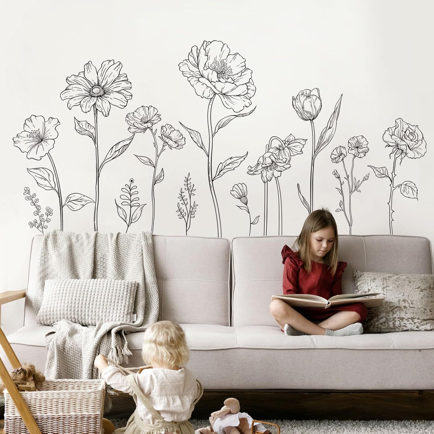 Large Black Boho Flower Wall Decals Simple Sketch Floral Multi-colored