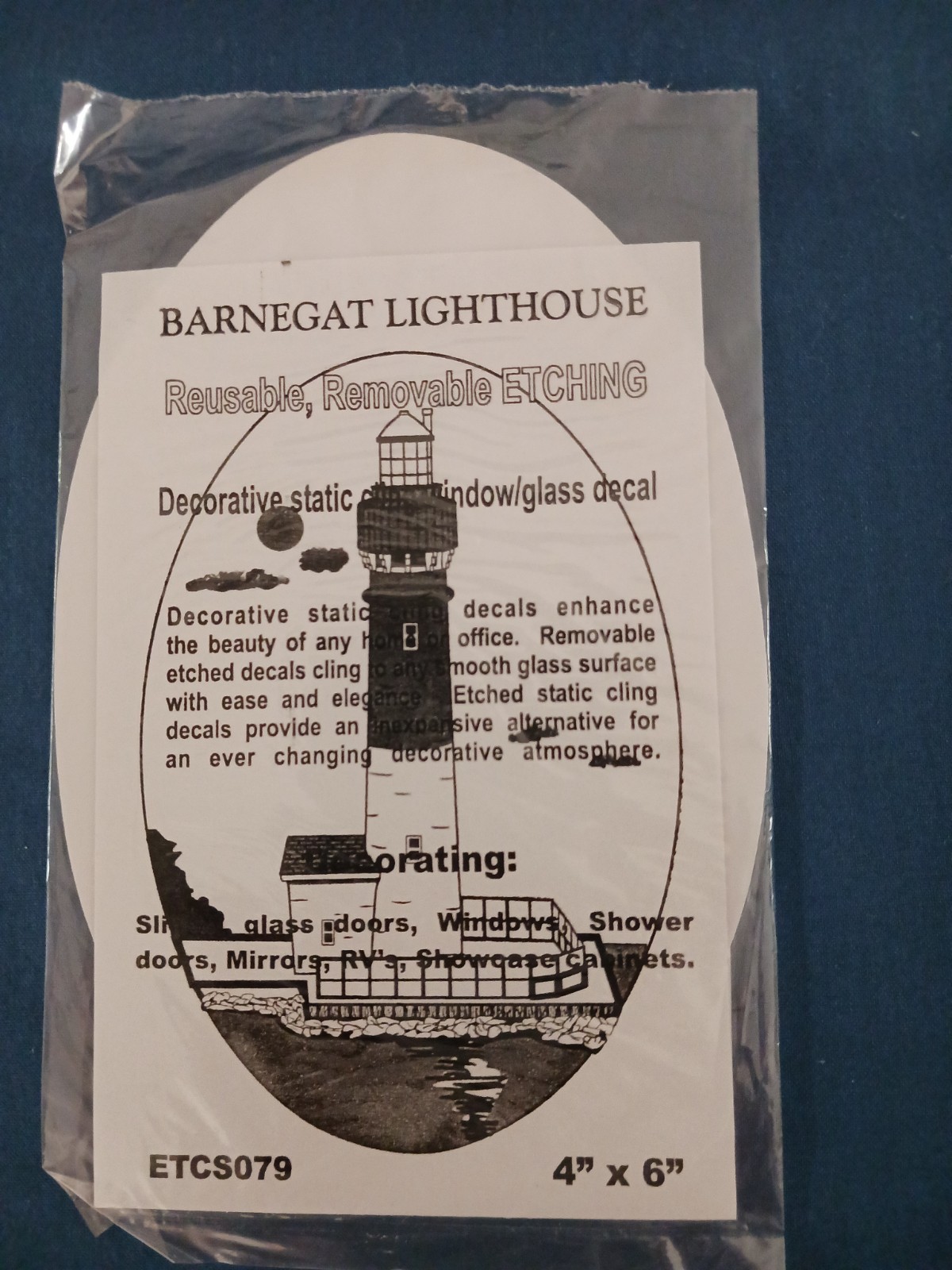 Barnegat Lighthouse Decal 8"x12" OVAL Etched Look Cling Removable&Reusable 79