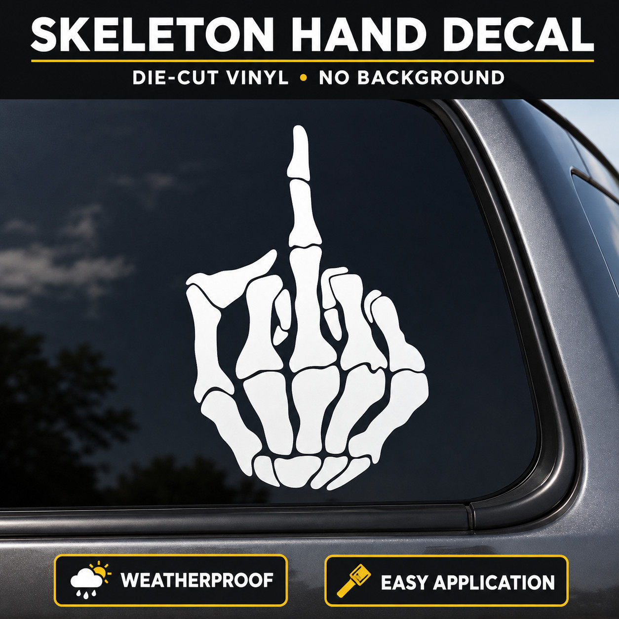 Middle Finger Skeleton Vinyl Die Cut Decal Sticker – Bone Hand Flip Off Biker FU