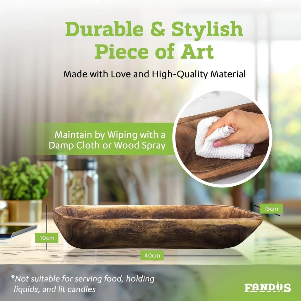 Wooden Dough Bowl for Decor – 17¾ in Long Hand Carved Paulownia, Large Rust