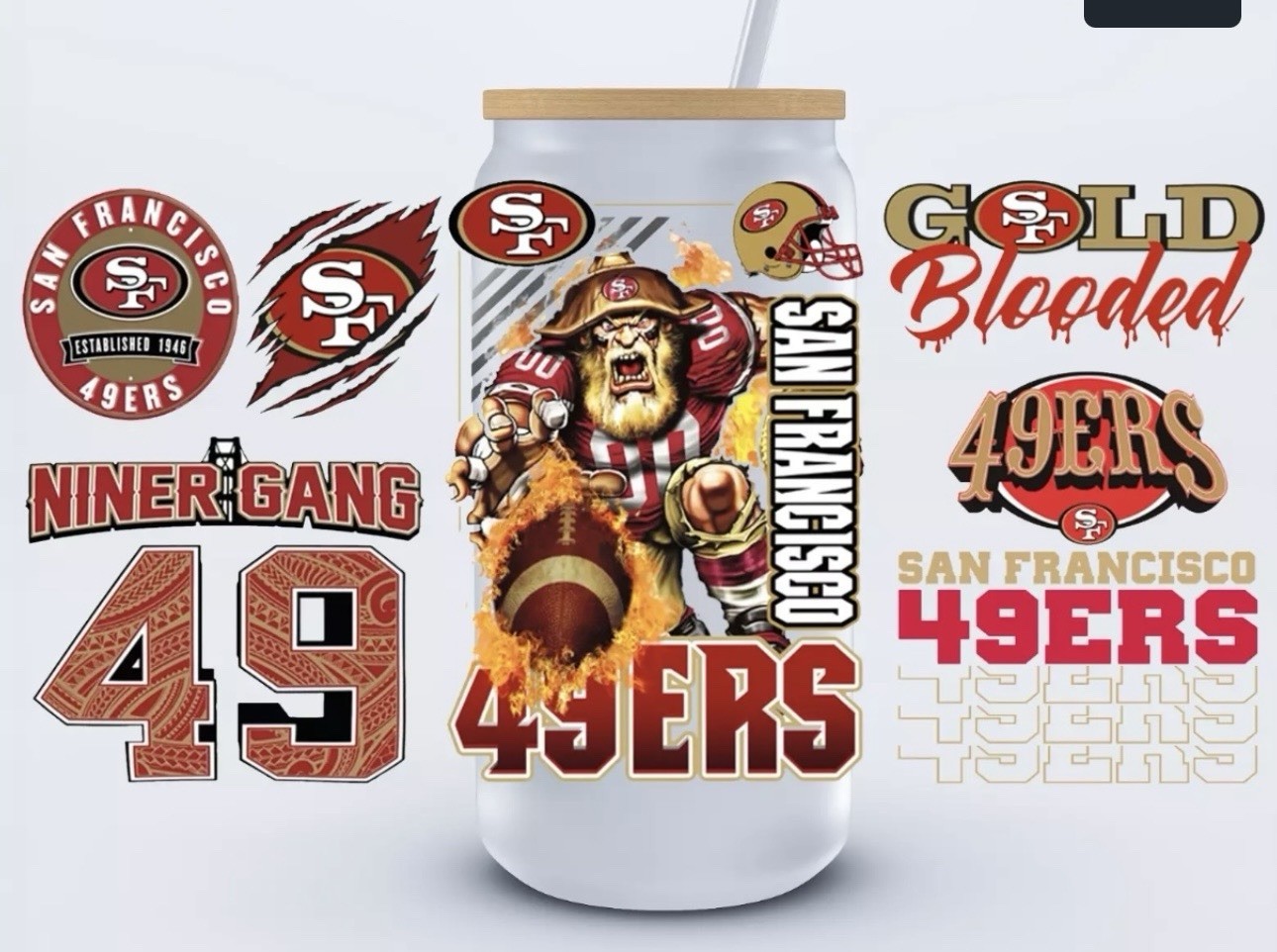 San Francisco 49ers Red Gold White Black Sports 16 oz Glass Cup