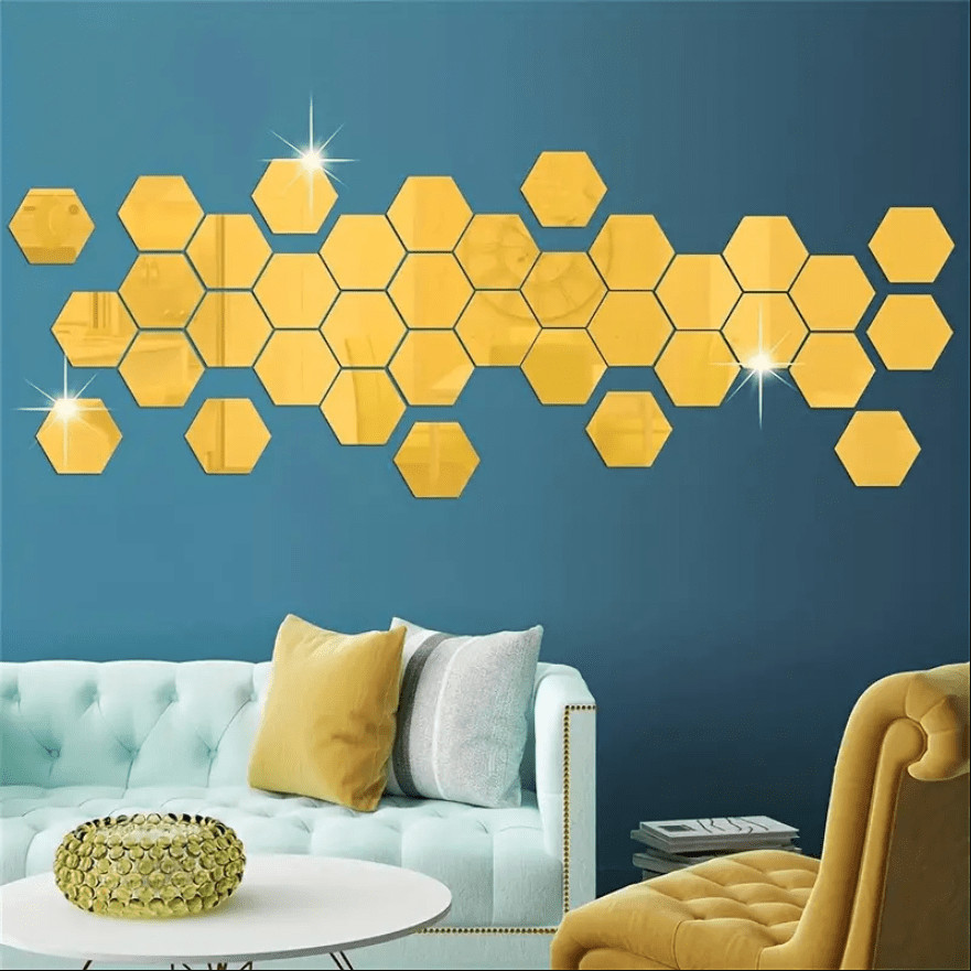 12Pcs Self Adhesive Hexagonal Gold Acrylic Mirror Wall Tiles for Home Room Decor