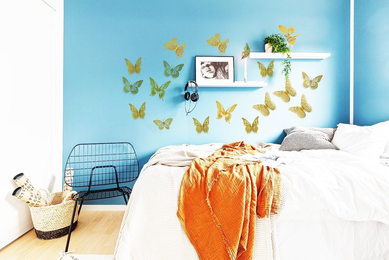 3D Butterfly Wall Decor 48 Pcs 4 Styles 3 Sizes, for Birthday Gold