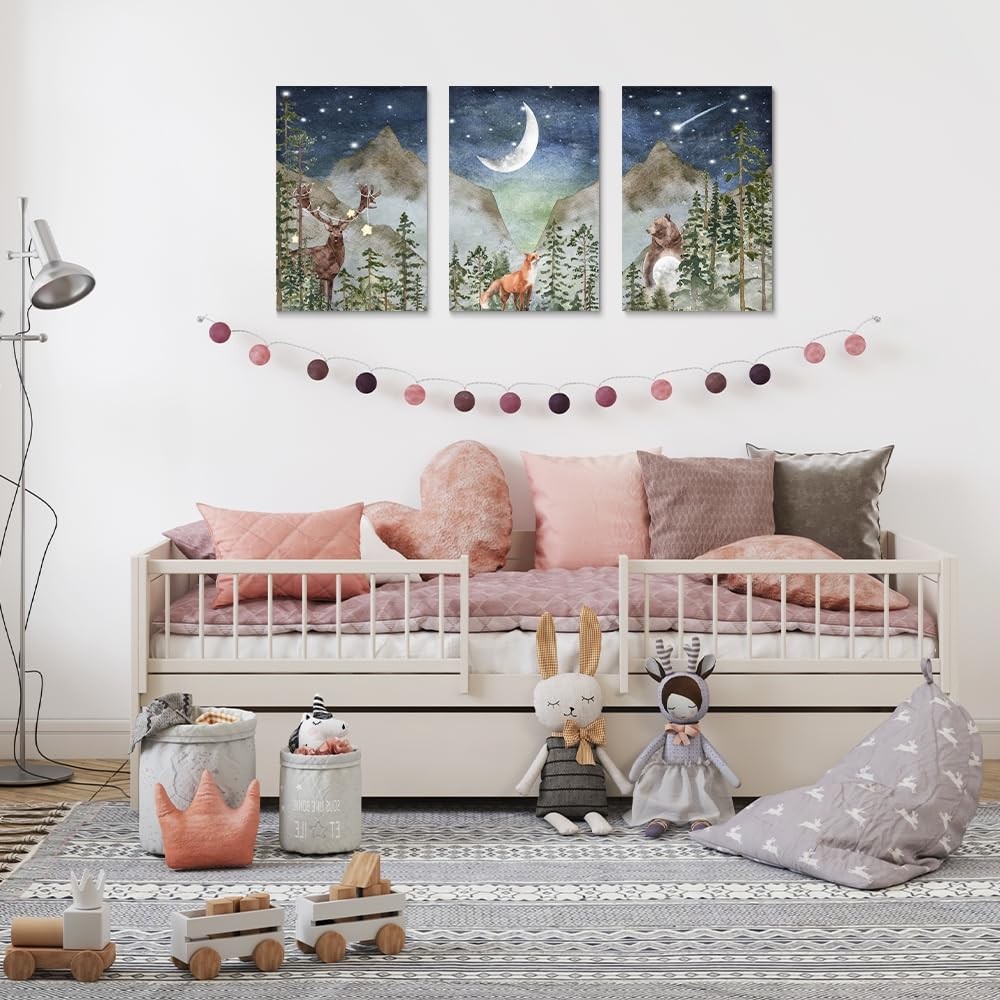 SKYSUKEY Boho Nursery 12 in x 16 (3 Pieces), Dark Blue Star Night Animal
