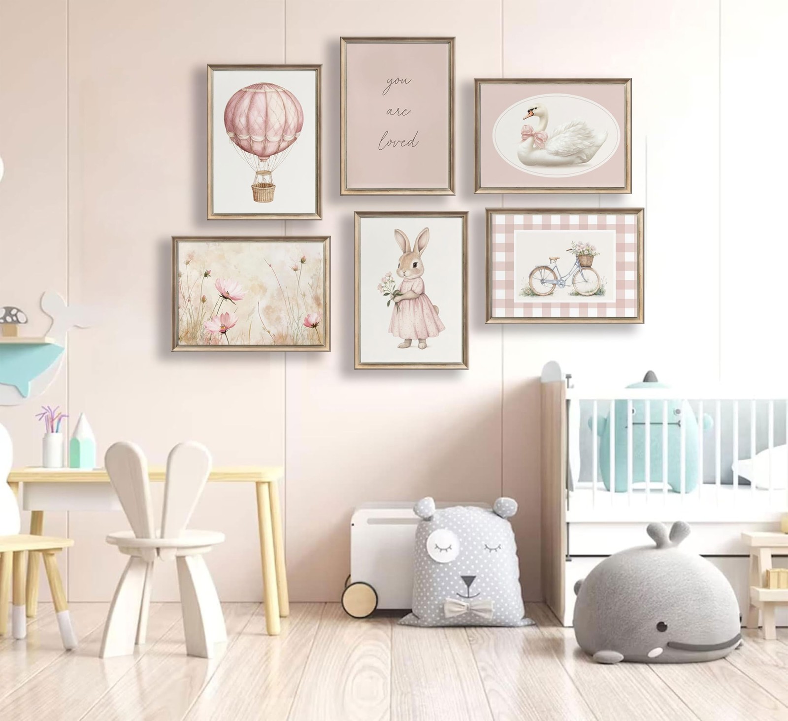 6Pcs Pink Nursery Bunny Wall Art Kids Swan Flower Painting Pictures Cute Rabb…