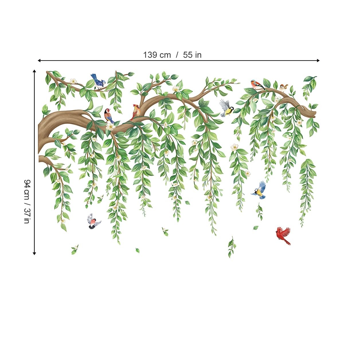 Large Tree Branch Hanging Vine Wall Stickers Green Leaf Flower Birds Peel and…