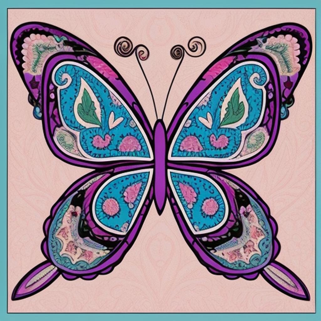 Folk Art Butterfly Sticker Paisley Hearts Blue Purple Pink Cute (4 Inch)