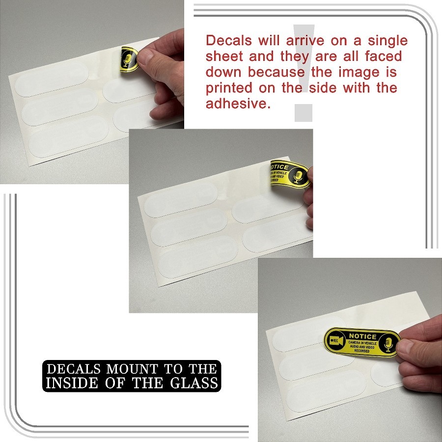 Camera in Car Recording Video 6-Pack INSIDE MOUNT Decals Black Yellow 3" x 1"
