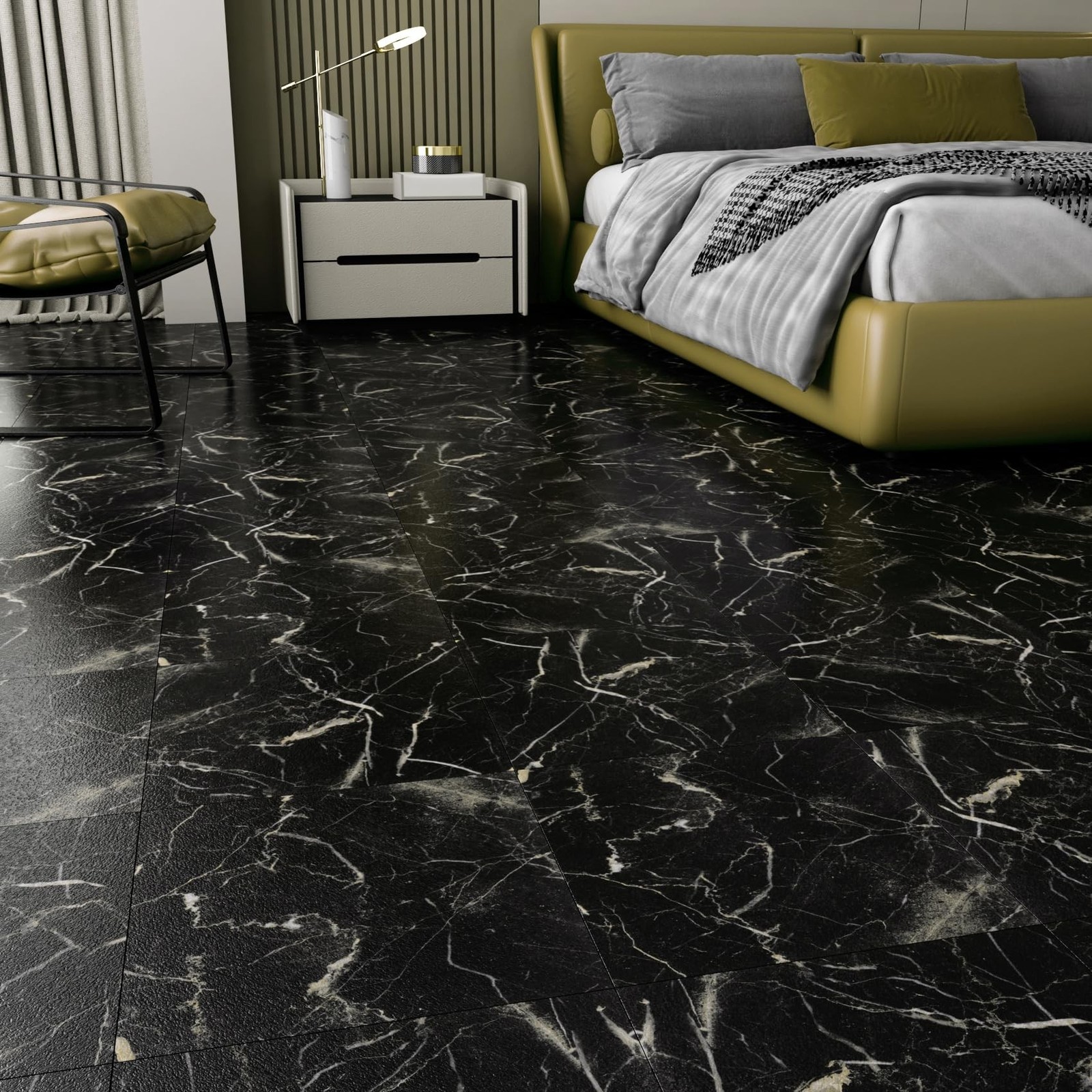 LaCheery 12×12 Peel and Stick Floor Tile Waterproof Bathroom Black Marble Pee…