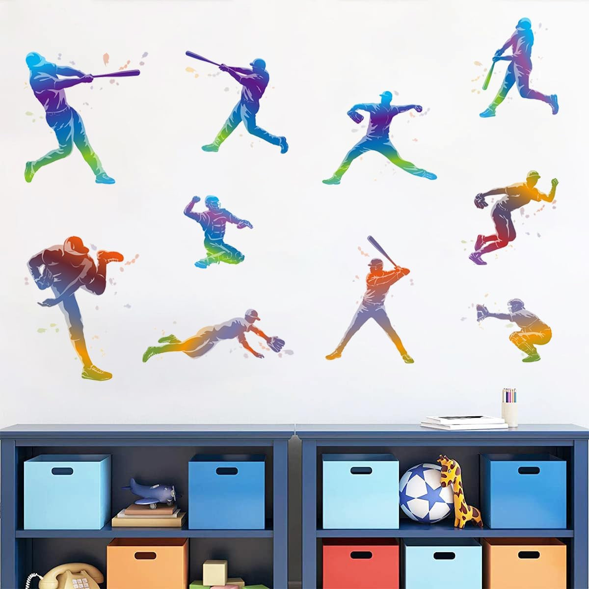 Watercolor Baseball Wall Stickers Removable Sports Player Silhouette Wall Decals