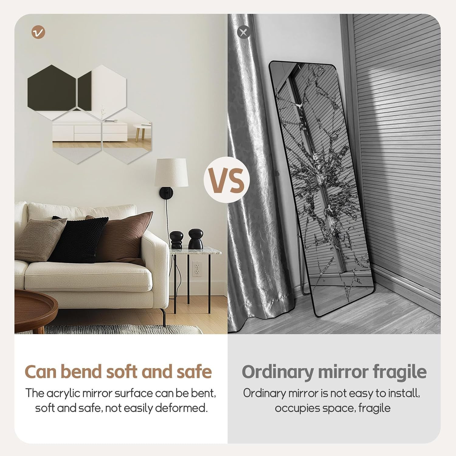Hexagon Mirror Stickers 10 Pack – Self Adhesive Acrylic Wall Decor Tiles
