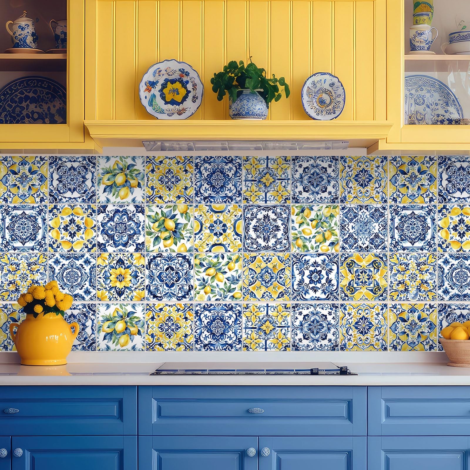 24 Pcs Lemon Tile Stickers 4×4 Inch Watercolor Mediterranean Lemon Summer Pee…