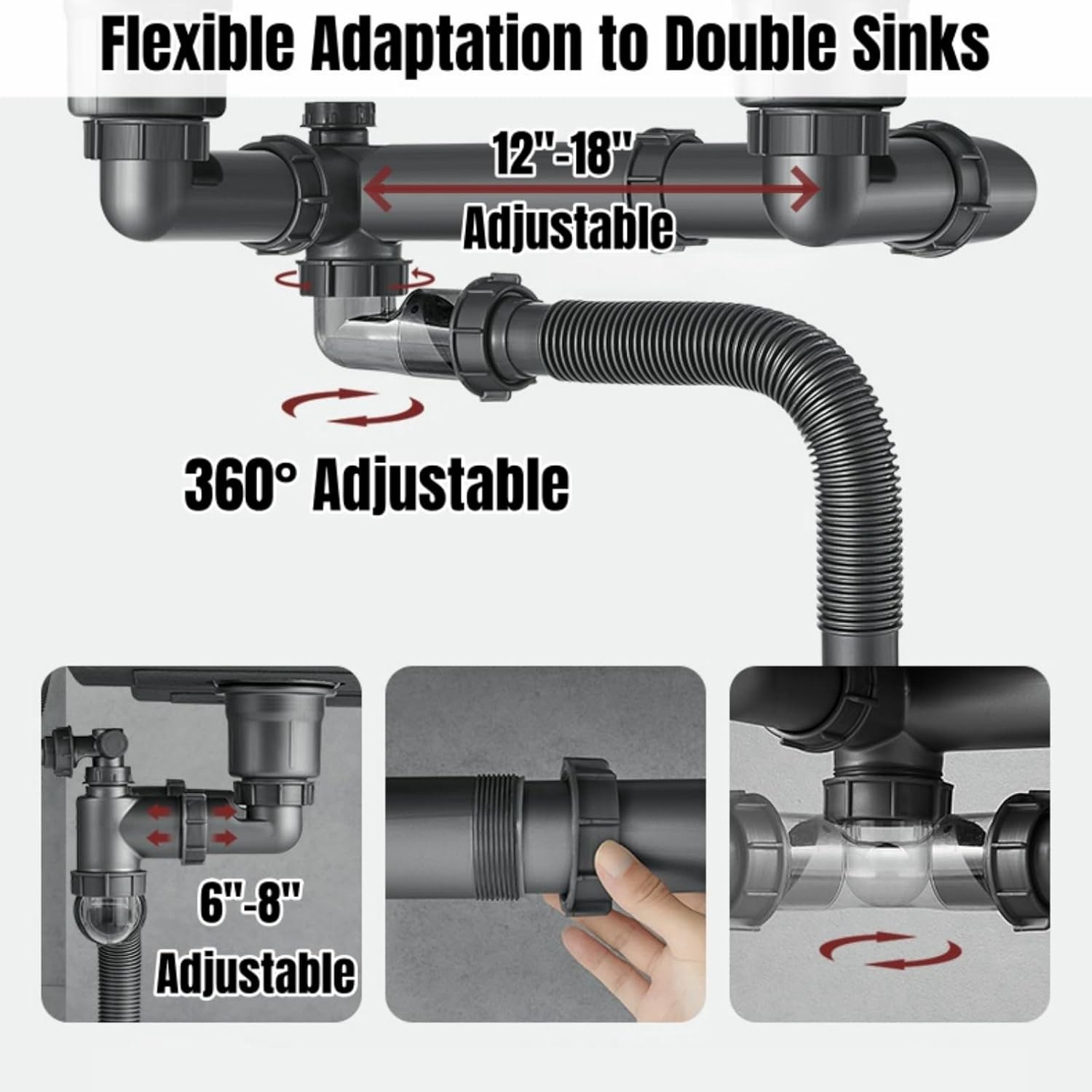 Expandable Flexible 1 1/2" or 1 1/4" Pipe kit for Double Kitchen Sink, All-In…