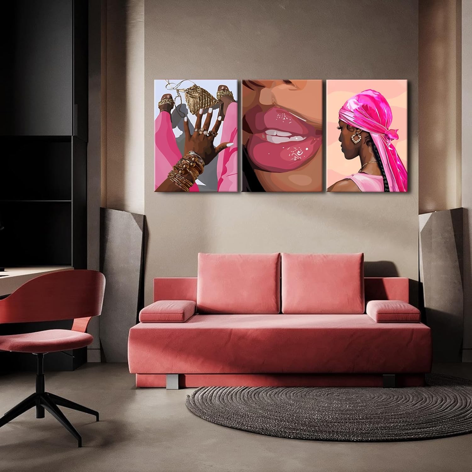 Black Girl Canvas Wall Art Set of 3 Pink African American Black Woman Wall De…
