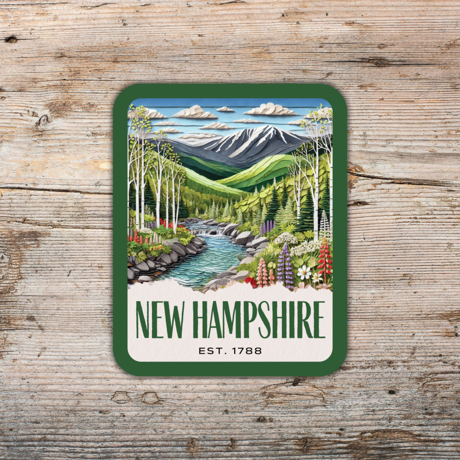 New Hampshire State Sticker, Paper Collage Look, White Mountains Vinyl Decal