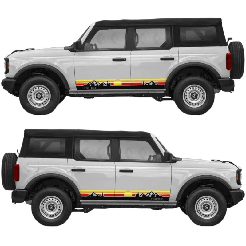 Aftermarket Retro Sunset Mountain Stripe Door Decal for Ford Bronco | Classic Si