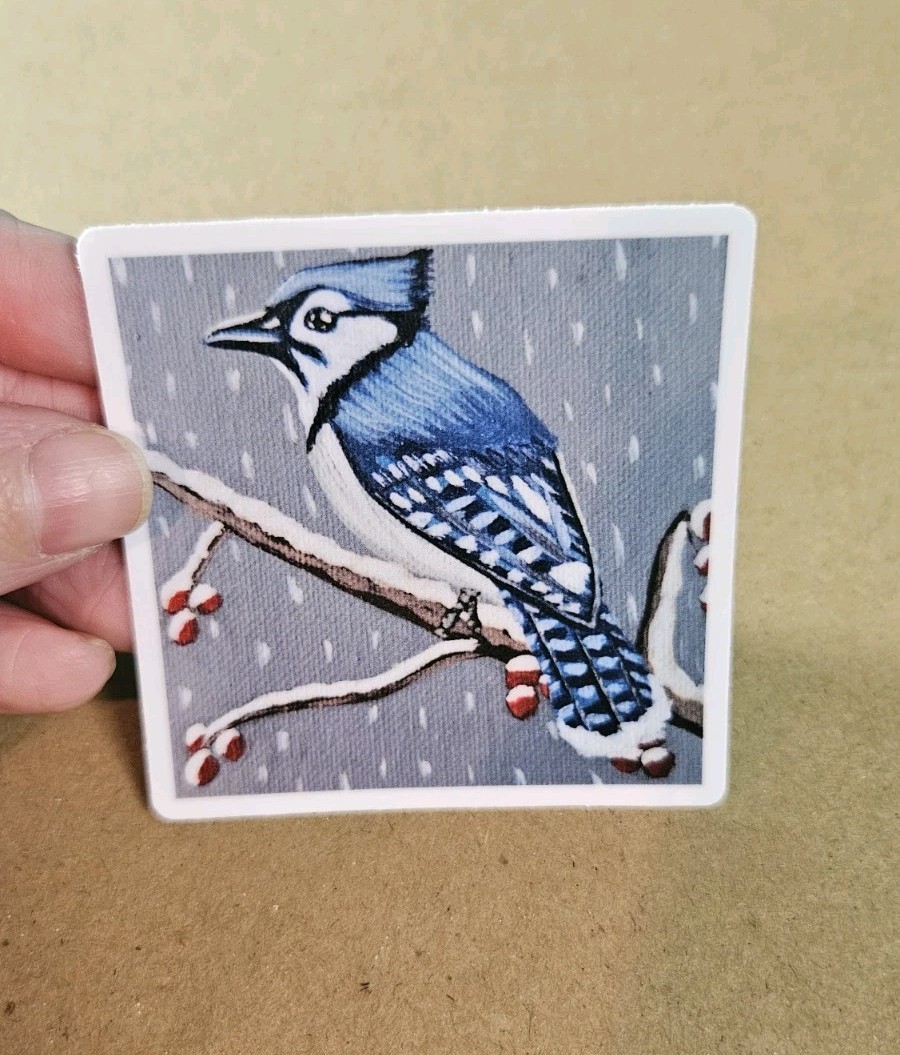 Blue Jay Sticker Matte Vinyl, Original Art, 2.5" Square Sticker of Bird Art