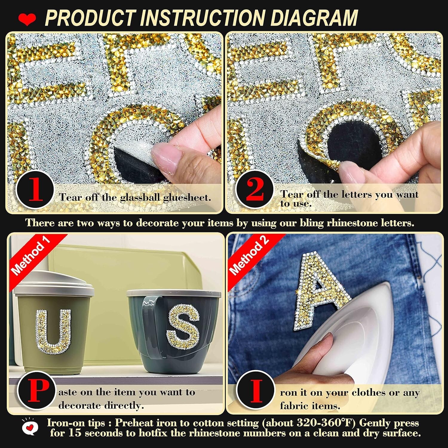 2.24" Gold White Rhinestone Letter Number Sticker Phone Laptop Hat Pack of 34
