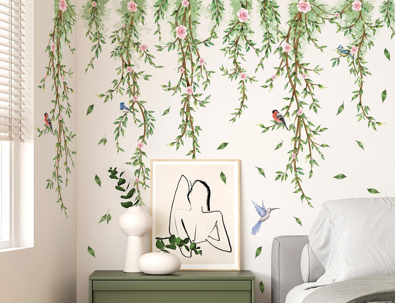Hanging Vine Wall Decals Removable Birds Green Leaf Wall Stickers Peel and St…