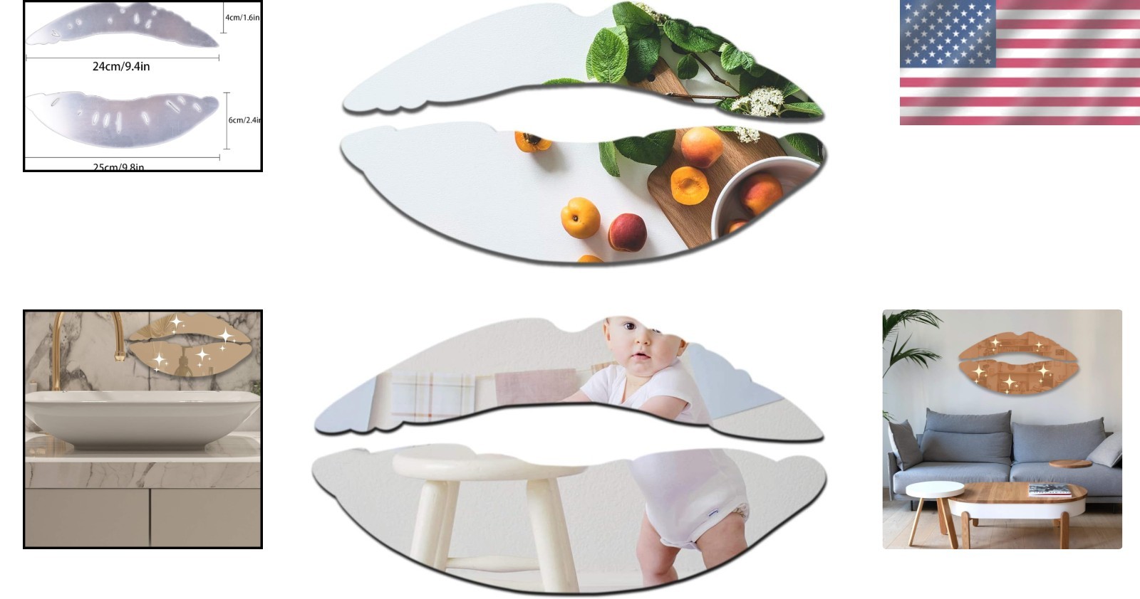 2 Sets 3D Lips Mirror Wall Stickers Acrylic Kiss Decals Silver