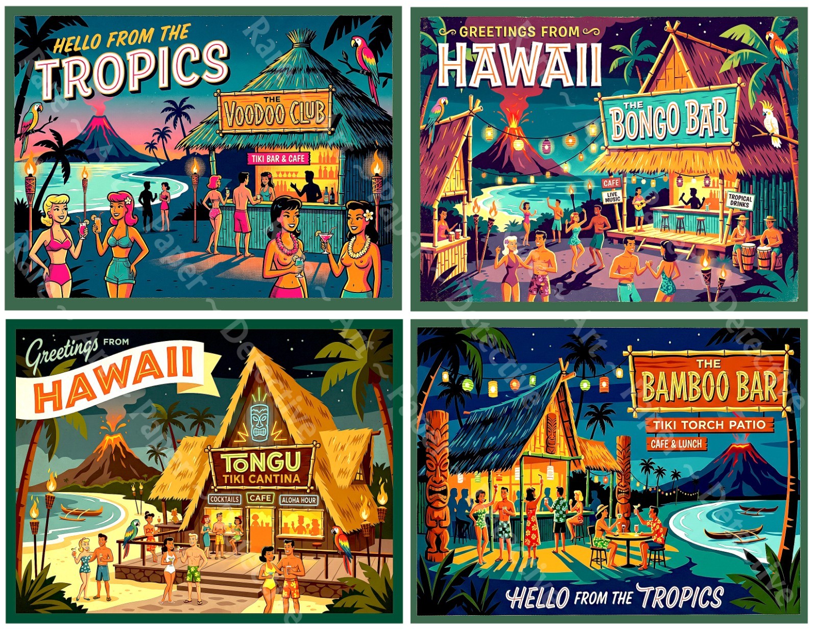 Hawaii Tropical Tiki Bar Stickers, Mid-Century Modern, 4 Labels on 1 Sheet, 1540