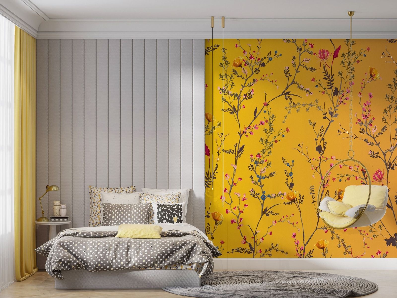 Botanical Flower Garden With Yellow Orange Background Wall Mural. Blossom Flower