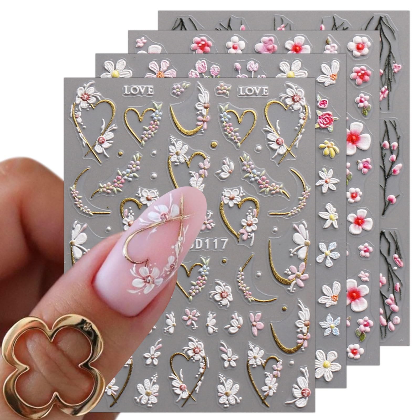 JMEOWIO 3D Embossed Flower Nail Art Stickers Decals Self-Adhesive 5D Colorful