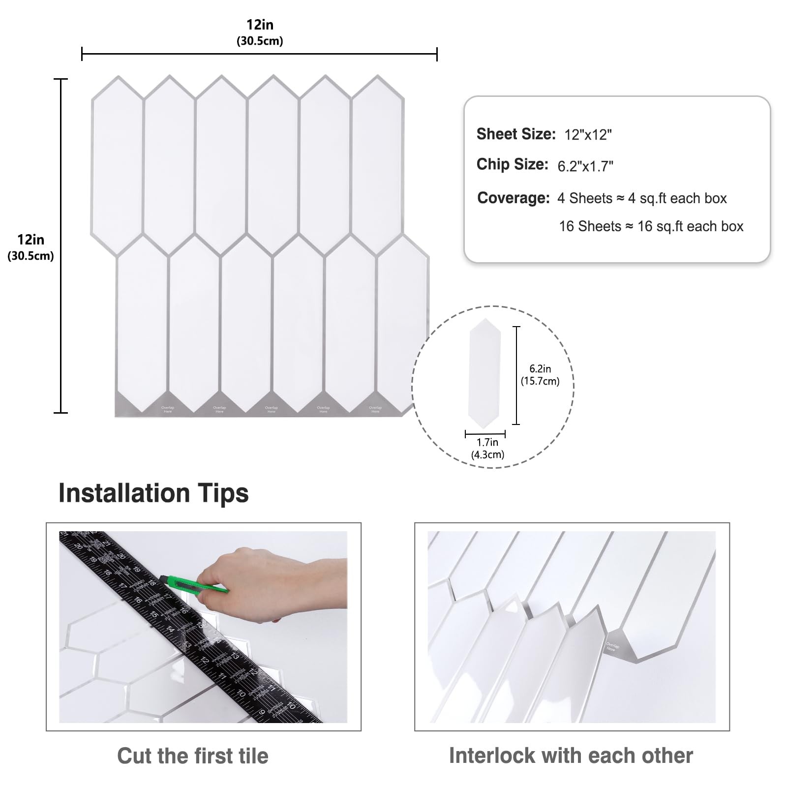 CRE8TIVE 4 Sheets White Long Hexagon Peel and Stick 12"x12" (4-Sheets),