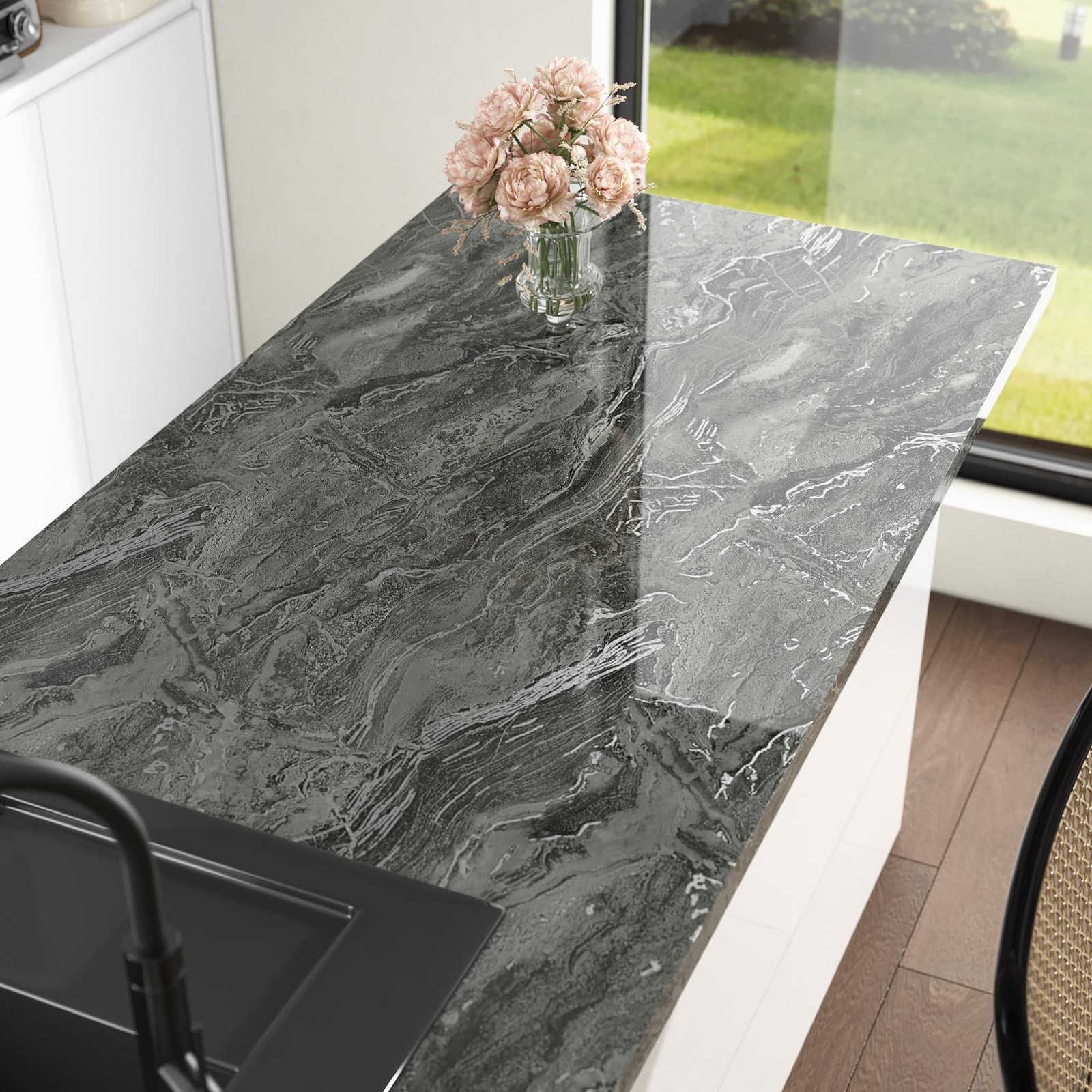 Glossy Black Marble Paper for Countertops 15.8"x236" Silver Granite Peel an…