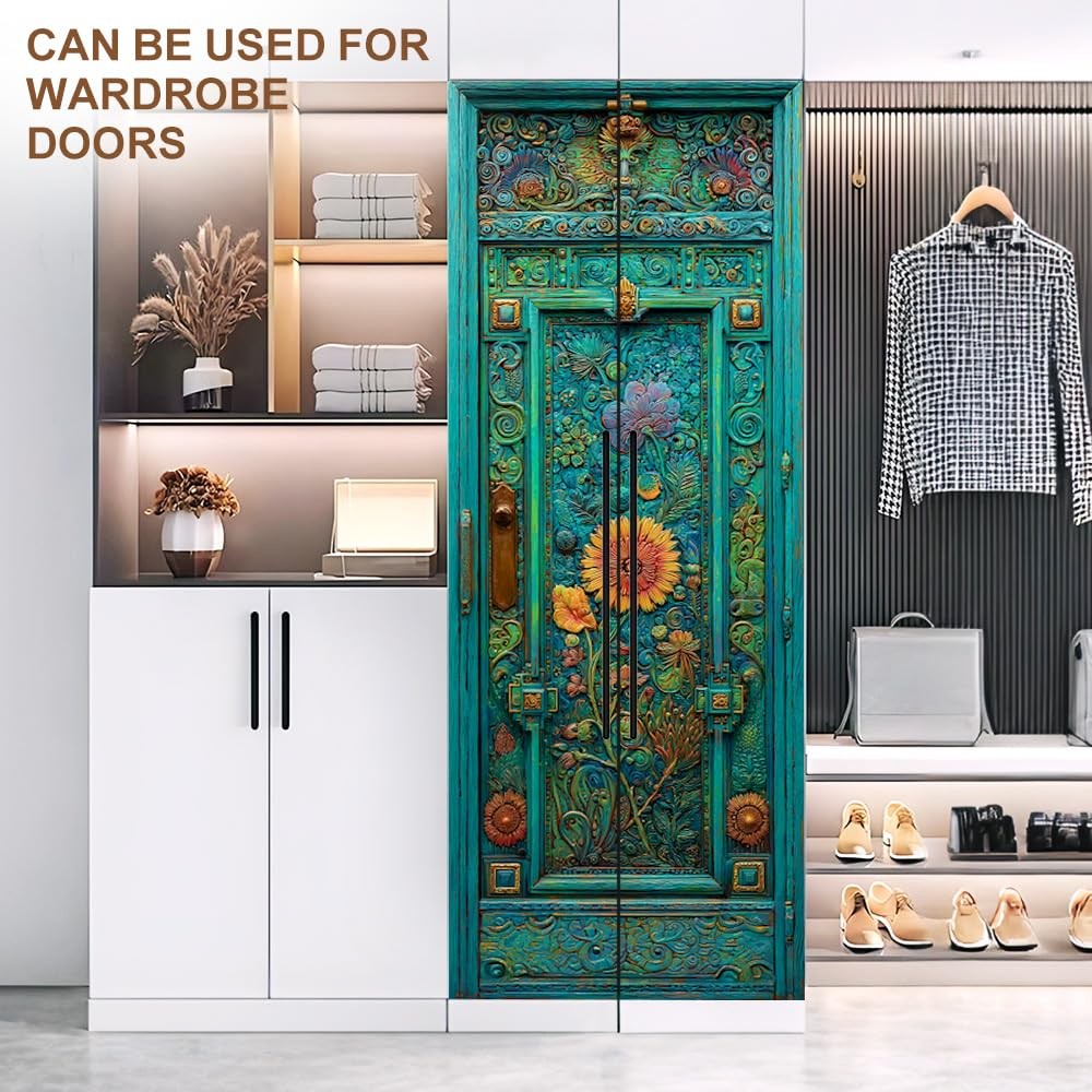 Cmialusie Peel and Stick Door Wallpaper 30.31 x 78.74 Inch Turquoise Floral V…
