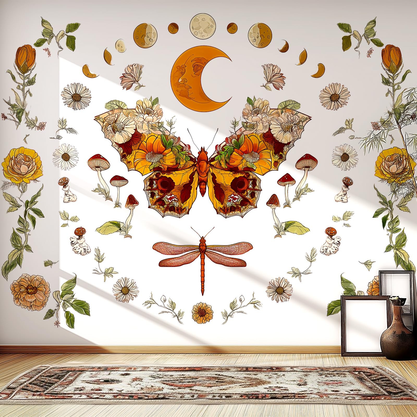 Boho Flowers Butterfly Wall Decals Peel and Stick, Sun and Moon Vinyl Wall De…