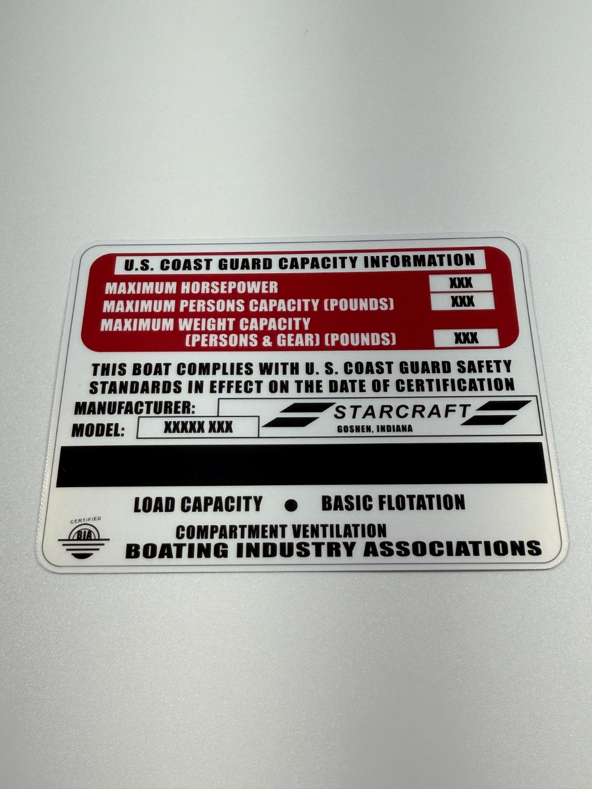 Custom Vintage Starcraft Boat Capacity Plate Sticker Replacement Decal 4×3 White