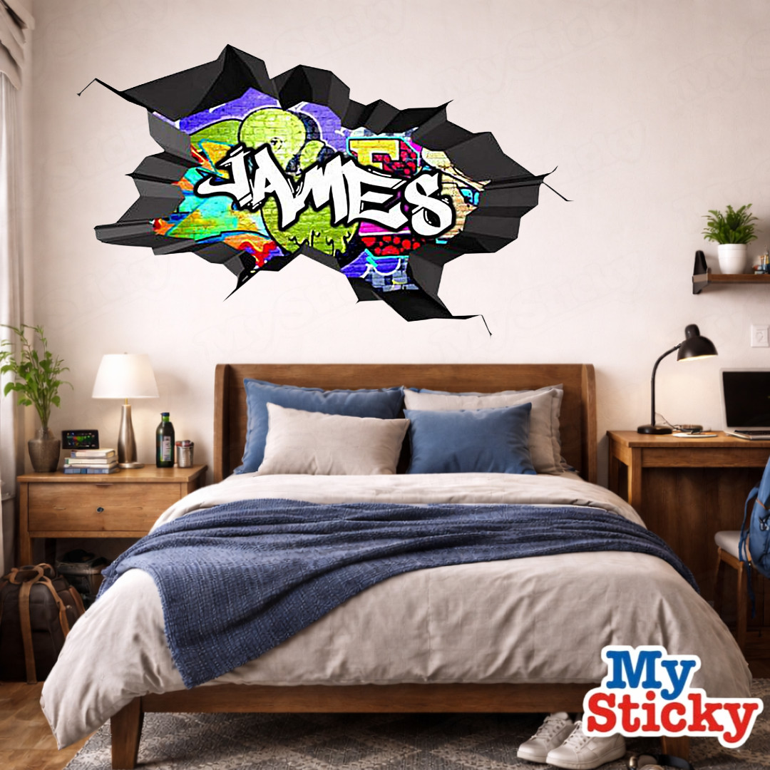 Custom Graffiti Name Wall Decal 3D Breakthrough Gamer Room Street Art Sticker