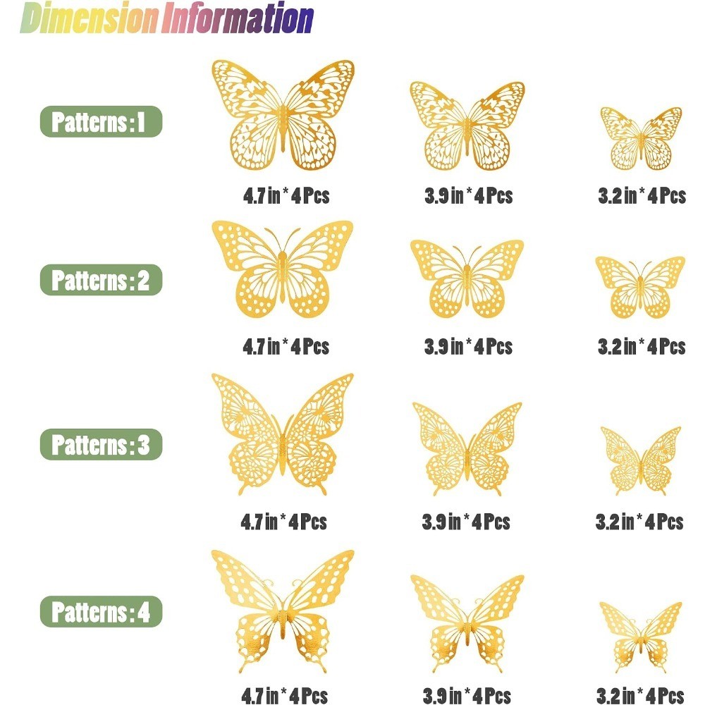 3D Butterfly Wall Decor – 48 Pcs, 4 Styles, 3 Sizes, Gold Butterfly Decorations