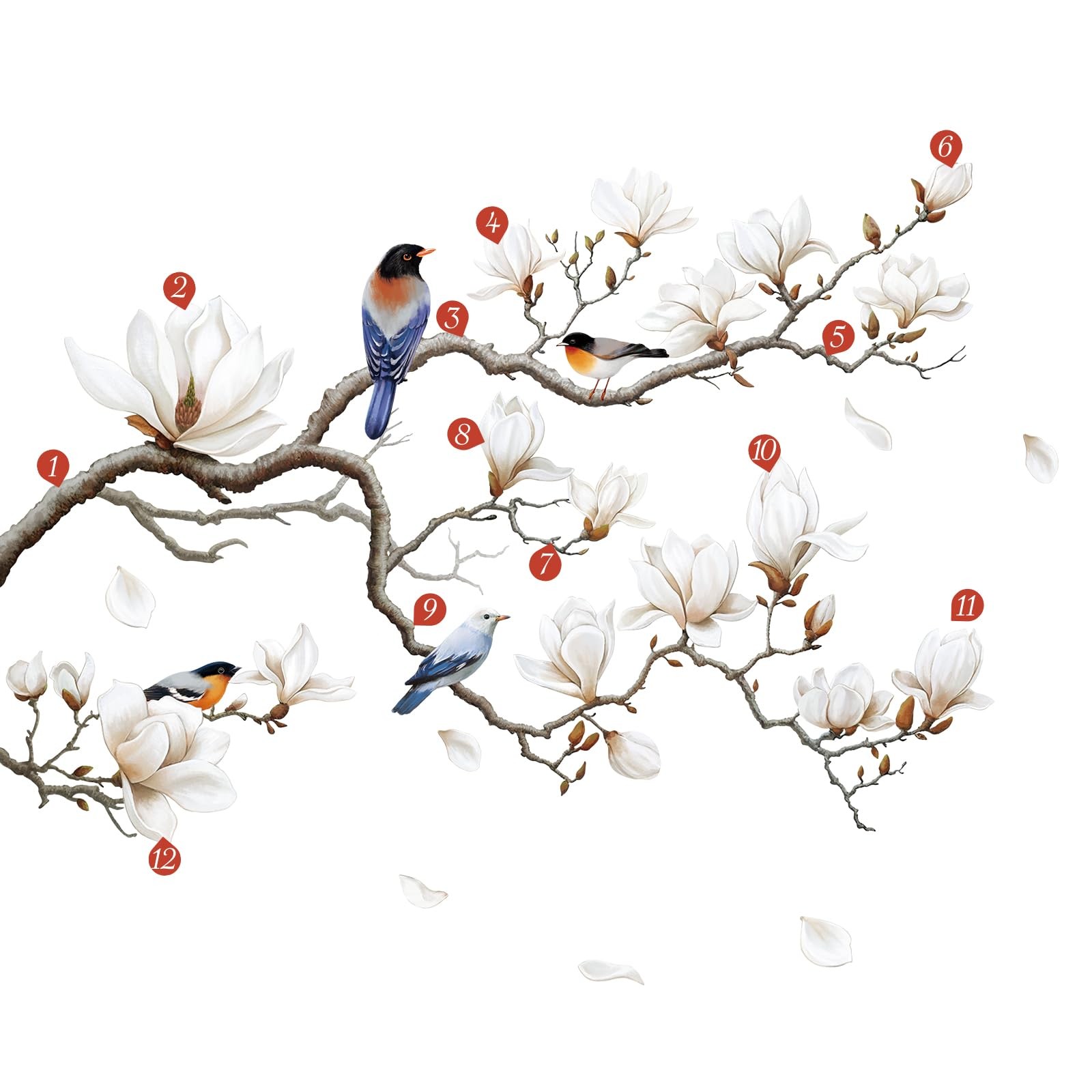 White Magnolia Tree Wall Decals Peel and Stick, Trees Flowers Wall Decor Stic…
